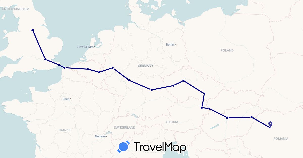 TravelMap itinerary: driving in Austria, Belgium, Czech Republic, Germany, France, United Kingdom, Hungary, Romania, Slovakia (Europe)